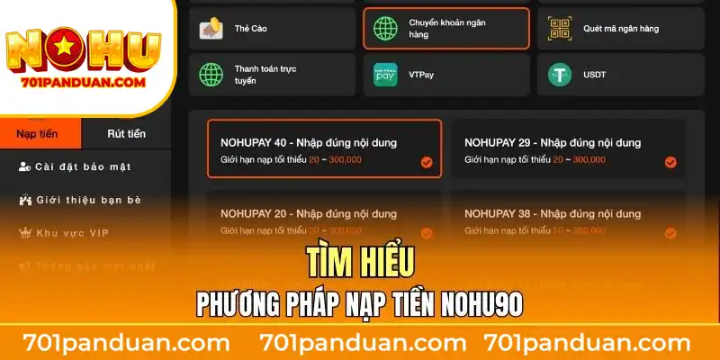 Tìm hiểu phương pháp nạp tiền Nohu90